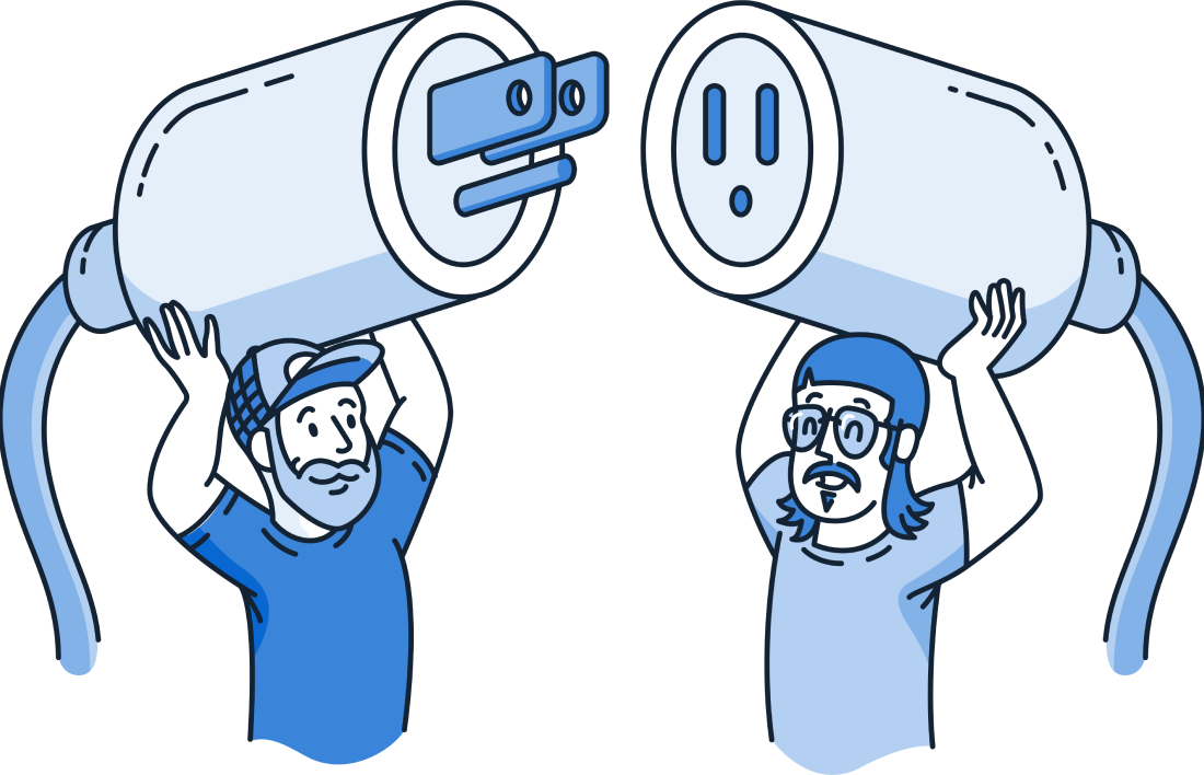 Illustration of two workers plugging in a giant extension cord